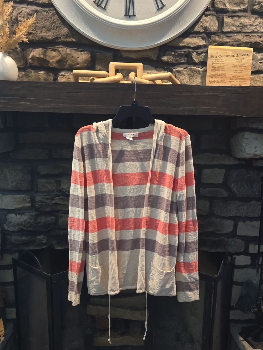 Kenar Striped Hooded Cardigan in Coral, Gray, Cream
